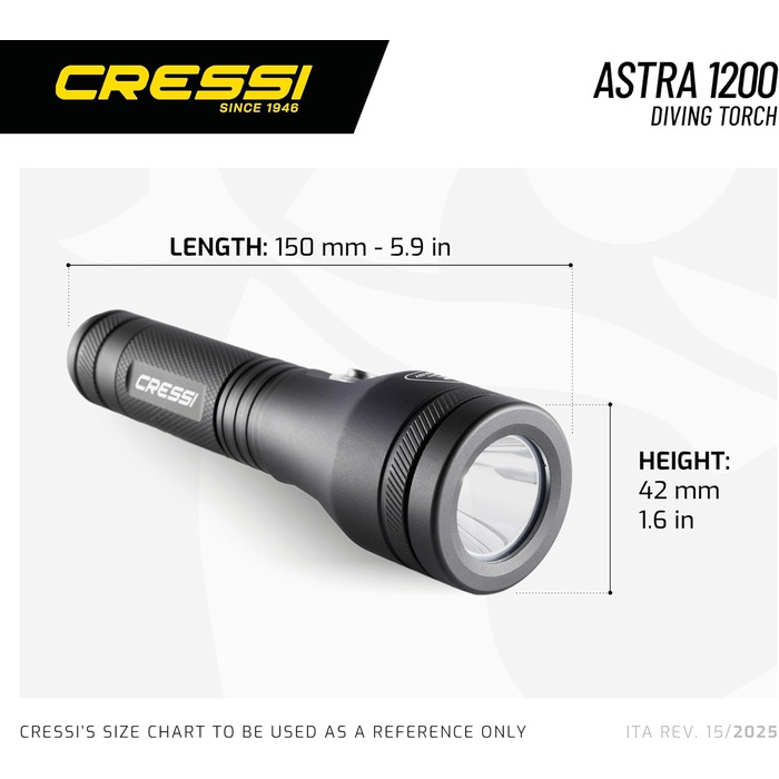 Ліхтар Cressi Astra Black - потужний водонепроникний ліхтар LED для дайвінгу, риболовлі та підводних досліджень (1200 Lumen)