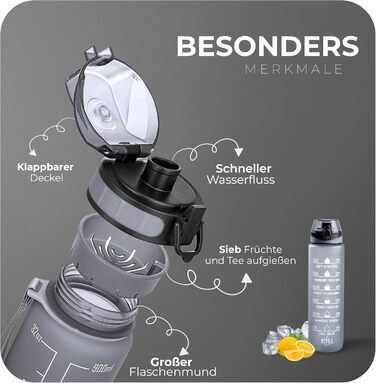 Фляга спортивна Roe Tenpo 1L, Tritan, без BPA, для спорту та відпочинку (сіра)