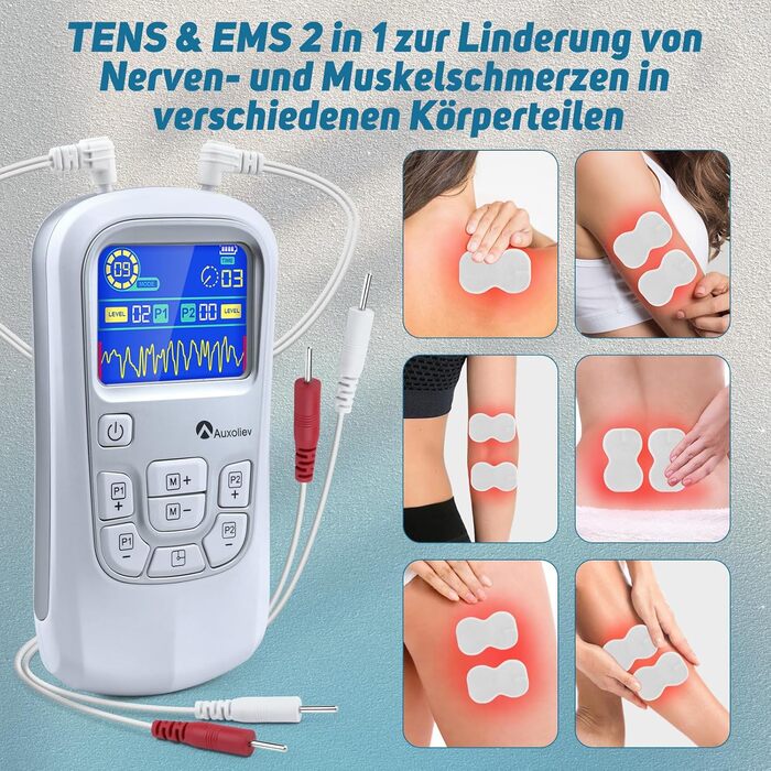 Пристрій TENS для терапії болю, EMS, 2 канали, 25 режимів, 50 рівнів інтенсивності, 10 електродів (срібло)