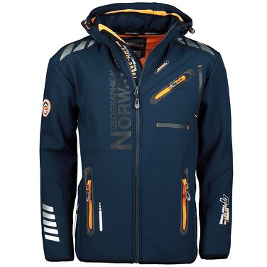 Чоловіча куртка-софтшелл Geographical Norway Royaute — водонепроникна тактична вітровка з капюшоном для гірських походів та лиж (6XL, Navy/Orange)