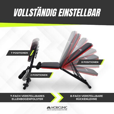 Mobiclinic Складана універсальна лавка для жиму зі штангою, з регульованим нахилом, опором-стрічками, колесами, до 120 кг, для домашнього фітнесу