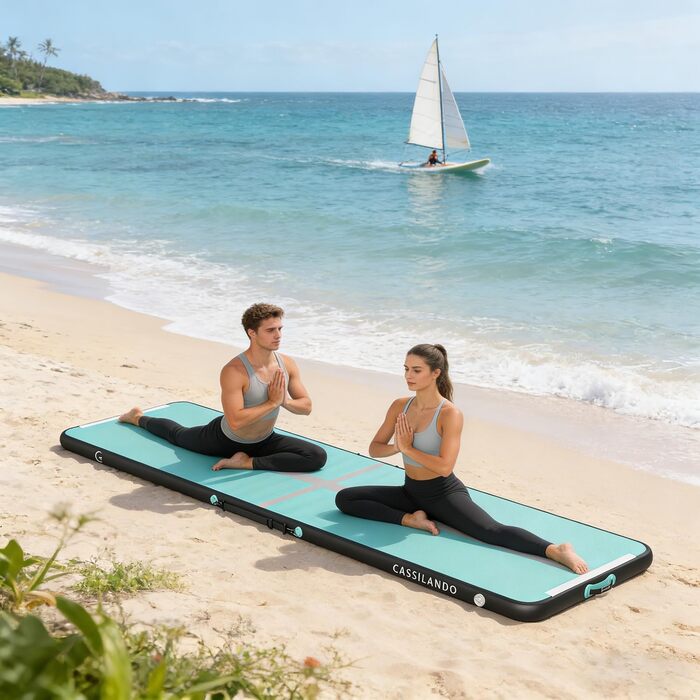 Гимнастичний мат Airtrack CASSILANDO надувний для тамблінгу та йоги, 400x100x10 см, м'ятно-чорний, з насосом