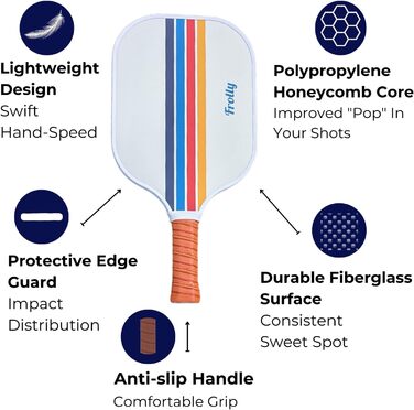 Паддл для піклболу Frolly Premium: міцне покриття з скловолокна, полімерний стержневий каркас, веганський шкіряний грифель, стандарт USAPA, для гри в приміщенні та на вулиці, з чохлом, подарунок для чоловіків