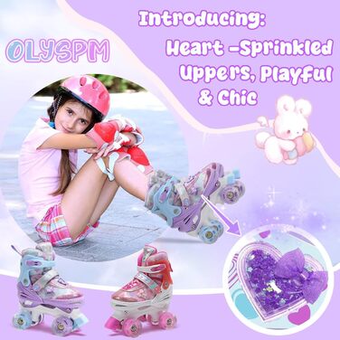 Дитячі ролики для дівчаток з блискучими сердечками та світлодіодними колесами, 4-разове регулювання, ролики для дітей-початківців, ідеальний подарунок на день народження або Різдво, фіолетовий колір