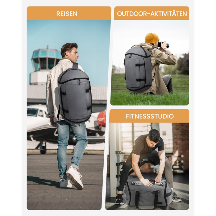 Спортивна сумка LOVEVOOK для чоловіків з відділенням для взуття, 65L, сіро-чорна.  Чоловіча сумка для спортзал, подорожі, ручна поклажа, 52x45x28 см.