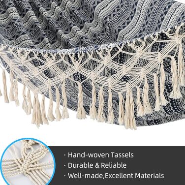 Гамак для двох з макраме бахромою Boho, біло-блакитний, бавовняний, до 227 кг, з сумкою для транспортування - для саду, веранди, відпочинку