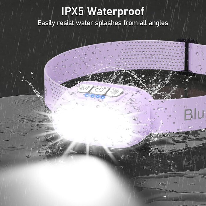 Кепка-ліхтар Blukar LED з 2 режимами кольору, перезарядна, 2000L, регульована яскравість, червоне світло, датчик, 12 режимів, водонепроникна, 30+ годин роботи для надзвичайних ситуацій/кемпінгу/бігу (світло-фіолетовий)