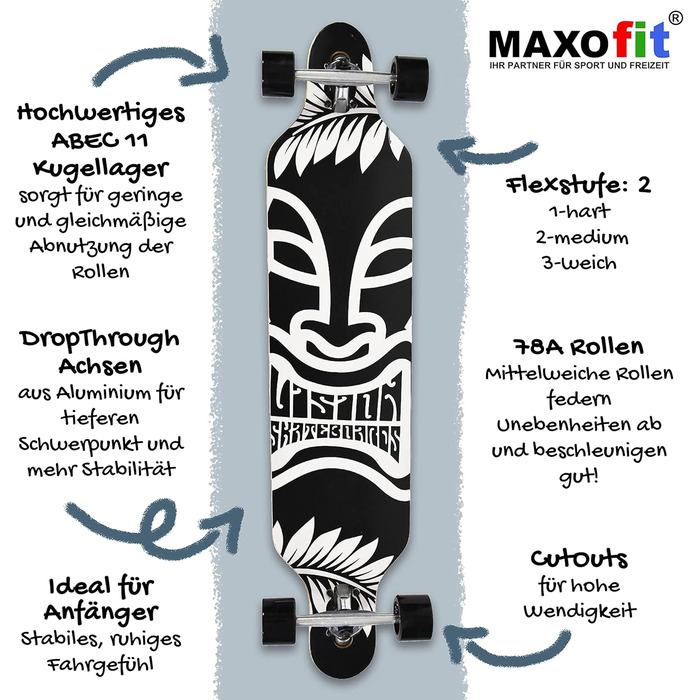 Лонгборд MAXOfit різних дизайнів, з якісною декою з клена або бамбука для початківців і досвідчених райдерів