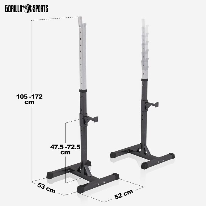 GORILLA SPORTS® Регульована стійка для штанги, сталева, вантажопідйомність до 500 кг, 52x53x105-172 см — стійка для штанги, хромована, для присідань, для тренажерного залу