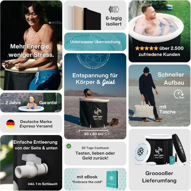 Ice Pod XL (80 см Ø) - складане ізольоване крижане ведро для холодної терапії, портативна ванна з ThermoDome, кришкою та термометром