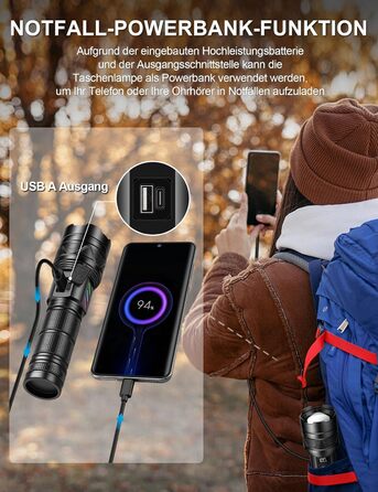ESGREEN Тактичний ліхтарик LED 1000000 люменів, USB-C, Zoom, 5 режимів, для кемпінгу та безпеки, 32 Вт·год