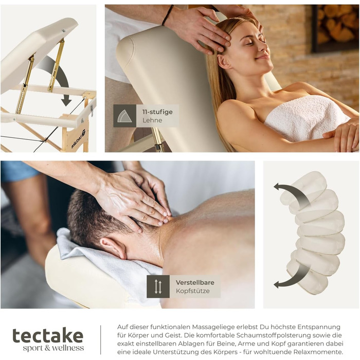 Мобільна масажна кушетка tectake® з 3 зонами, складна, з 7,5 см підкладкою, до 250 кг, з аксесуарами (сумка, ролики), бежева