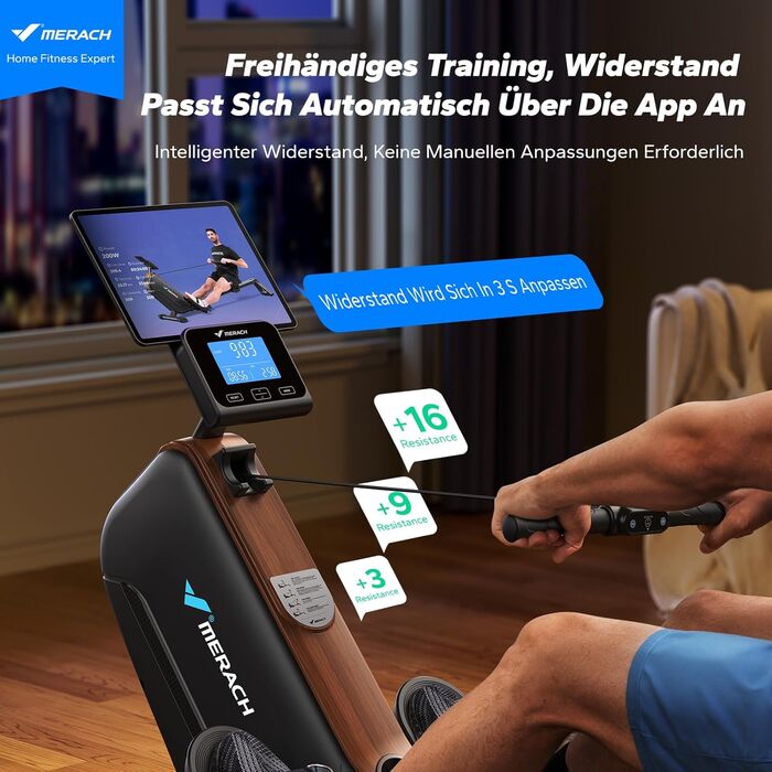 Гребний тренажер MERACH для дому, складаний, з магнітним приводом, тихий, з додатком, подовжені направляючі рейки, електричне регулювання (Plug-in)