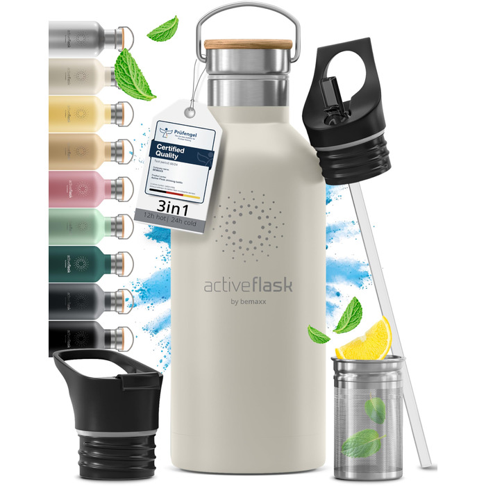 Фляга для води з нержавіючої сталі з трубочкою та інфузером, 3 кришки: BPA-free, не протікає, підходить для газованої води - 950 мл, Cream White, бамбук