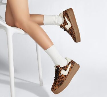 Жіночі кросівки на платформі LUCKY STEP – модні масивні кросівки, зручні шнурівки для повсякденного носіння та прогулянок з прошитими деталями. Чорно-білі (Коричневий леопард, 38 EU)