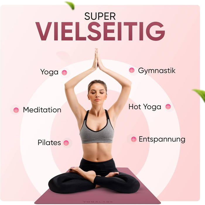 YOGALABS® Преміум йога-мат STUDIO 185×68×0,4 см, екстра великий, ремінь у комплекті, ECO PU та натуральний каучук, антиковзка поверхня, для йоги, гімнастики та пілатесу, 100% екологічний, без шкідливих речовин, бузковий