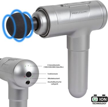 Масажний пістолет ProfiCare PC-MP 3087, 3 режими, 4 насадки, 2800 імпульсів/хв, LED, акумулятор 4 год