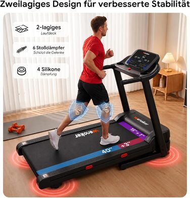 Бігова доріжка для дому складана з автоматичним нахилом 15%, Walking Pad 14 км/год, 3.0 к.с., 12 програм тренувань, фітнес-додаток, макс. навантаження 160 кг, чорна