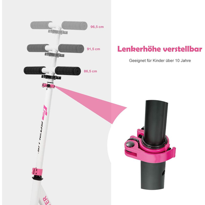 Дитячий трюковий самокат GOPLUS Roller Kinder 10 років, 3-ступенева регулювання висоти, алюмінієвий, з LED-колесами, гальмом, ременем та підставкою, до 100 кг (Рожевий)