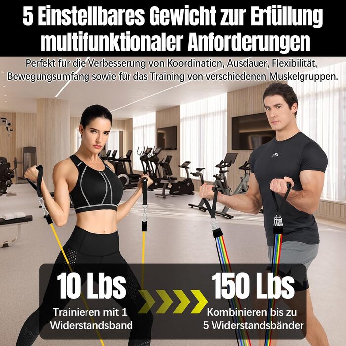 Фітнес-гумки Bindokun: набір з 5 еластичних стрічок для силових тренувань, фітнесу, пілатесу. З ручками, фіксаторами для ніг та дверей. Для жінок та чоловіків.