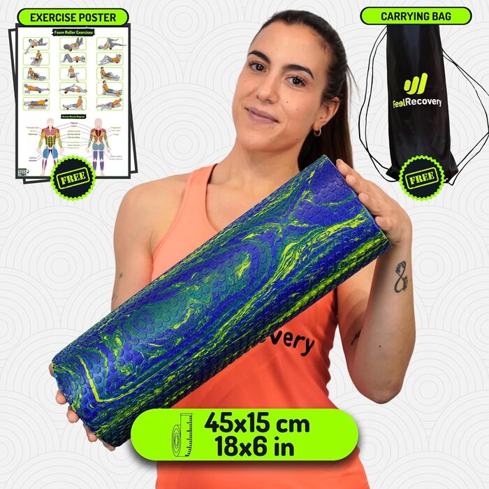 Масажний ролик Feel Recovery для фасцій, середньої жорсткості, 45x15 см, EVA, для спини, шиї, ніг, йоги та пілатесу, зелений, для початківців