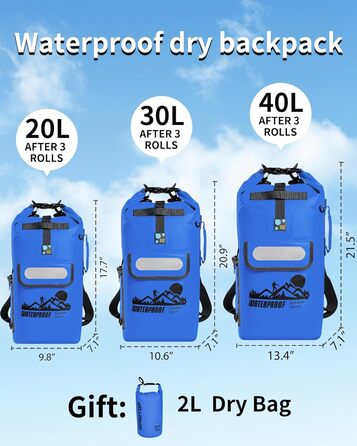 Водонепроникний рюкзак IDRYBAG Dry Bag 40L, 30L, для каякінгу та водних видів спорту (Блакитний)
