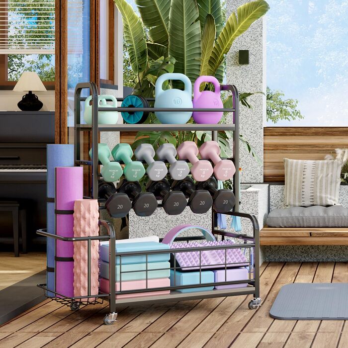 Стійка для гантелей Homeiju: зберігання гантелей, гир, йога-матів, з колесами та гачками (сіра)