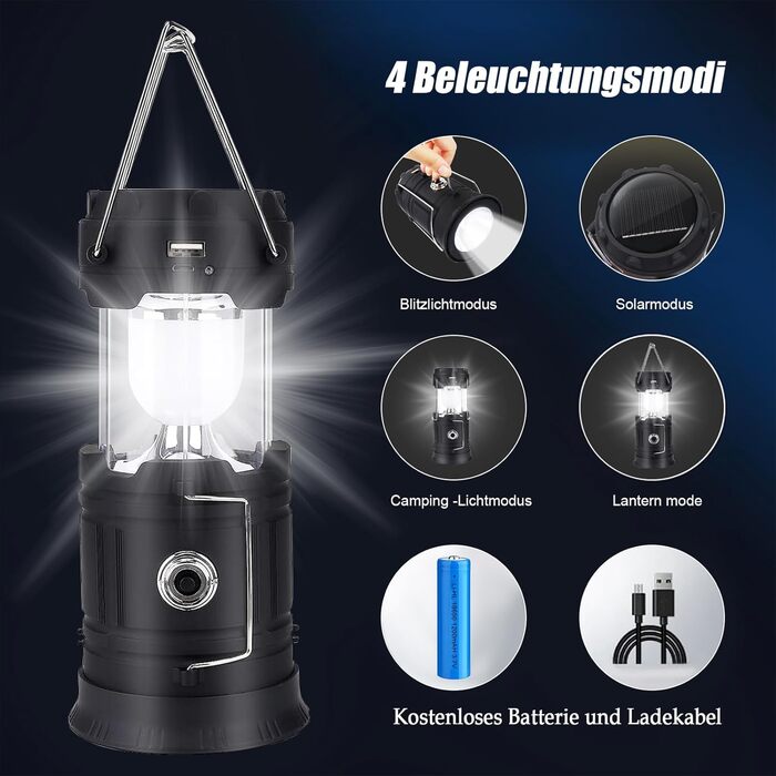 Сонячна кемпінгова лампа EXTRASTAR: LED ліхтар 5W, 2-в-1 (ліхтар + ліхтар для намету), USB/Сонячна/Акумуляторна, водонепроникна, для відпочинку на природі, риболовлі, кемпінгу та походів