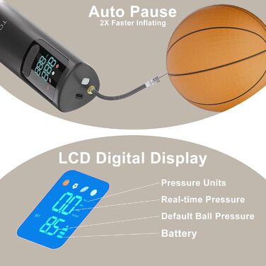 Електричний насос для м'ячів з цифровим дисплеєм. Підходить для баскетболу, футболу, йоги та інших видів спорту. Чорний колір.