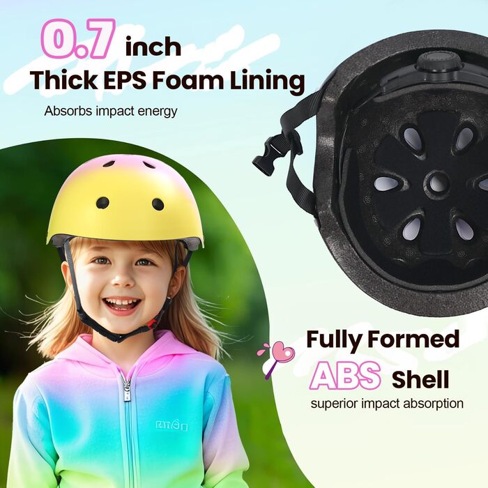 Набір Kinderhel 7-в-1: наколінники, налокітники, захист зап'ястя та шлем для скейтбордингу, велосипеда, самокату (S, жовто-рожево-зелений)