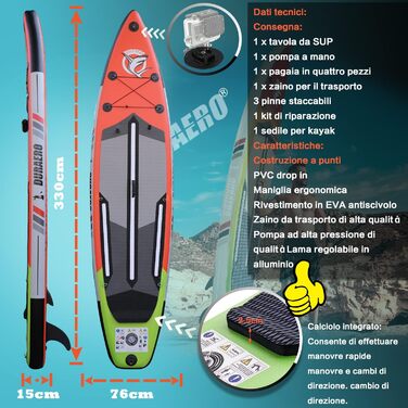 Надувна SUP-дошка 330x76x15 см до 150 кг з сидінням-каяком, кріпленням для камери, веслом, насосом і рюкзаком, червона