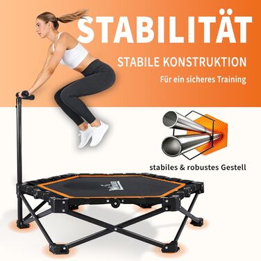 Складаний фітнес-батут для дому з регульованою ручкою, навантаження до 150 кг, діаметр 86.5 см, помаранчевий — для дорослих та дітей