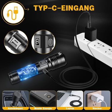 Ліхтар LED BEYSTE 1000000 Люмен, Тактичний ліхтар USB, Водостійкий, Чорний