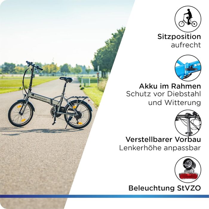 Електровелосипед ZÜNDAPP Z101, складаний, 20 дюймів, 6 швидкостей, для дорослих, з підсвіткою, міський, синій