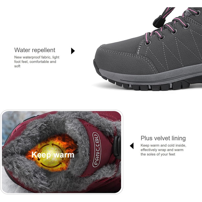 Жіночі зимові чоботи - тепла підкладка, водонепроникність, трекінгові та похідні черевики, зимові короткі чоботи, Outdoor боти (Сірий, 38.5 EU)