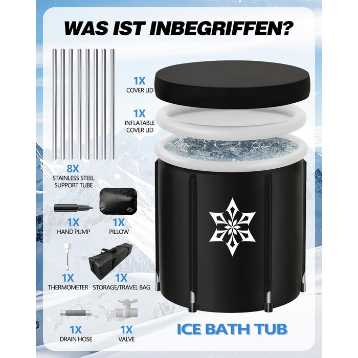 Кріованна для льодяних купань з системою охолодження XL (80 см), комплект з 8 сталевими стійками, термозахистом та сумкою для спорту