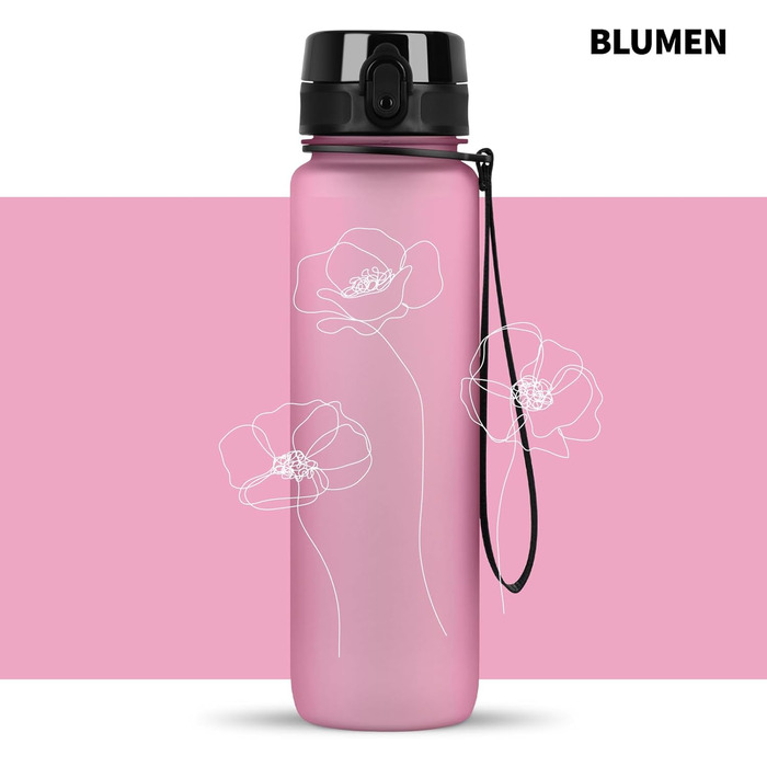 Пляшка для води 720°DGREE uberBottle 1 л з ситечком, герметична, легка, BPA-free, тритан, для спорту, фітнесу, велоспорту, університету, багаторазова, рожева квітка, Softtouch