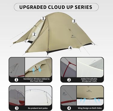 Намет Naturehike Cloud Up Pro 2 особи, легкий туристичний намет для кемпінгу, вітро- та водонепроникний, колір хакі