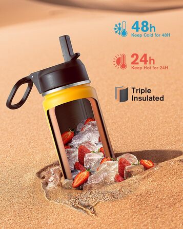 Фляга Coolflask 1,2 л з ізоляцією та соломинкою, нержавіюча сталь, 3 кришки, для спорту та офісу, зберігає холод до 48 годин, тепло до 24 годин, сіро-зелений колір (Ombré жовто-помаранчевий, 591 мл)