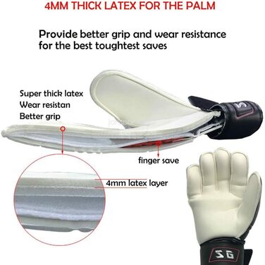 Професійні воротарські рукавички для футболу з захистом пальців з латексу, чорні, розмір 8 (для дітей та дорослих)