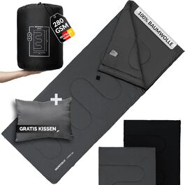 Спальний мішок туристичний 100% бавовна до -3°C з подушкою - Outdoor зимовий та літній спальний мішок [280GSM] для 3-4 сезонів (75x190см) - для жінок та чоловіків (теплий) Сірий