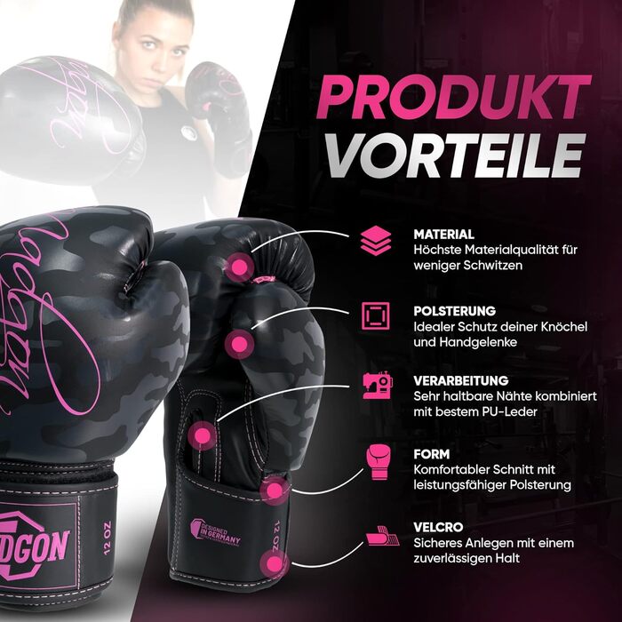 MADGON Боксерські рукавички для жінок - преміум якість, для кікбоксингу, MMA, спарингу, муай-тай, боксу - 10oz, камуфляж/рожевий