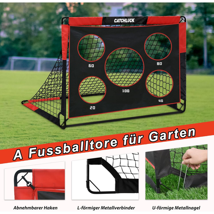 Дитячі футбольні ворота CATCHLUCK 2-в-1 для саду, 150x120x120 см, з 5 отворами для ударів, сумкою та кілочками, червоні