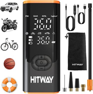 Електрична портативна насосна станція HITWAY 6000mAh, 150PSI, акумуляторний компресор для авто, велосипедів, мотоциклів і м'ячів, з функцією Powerbank