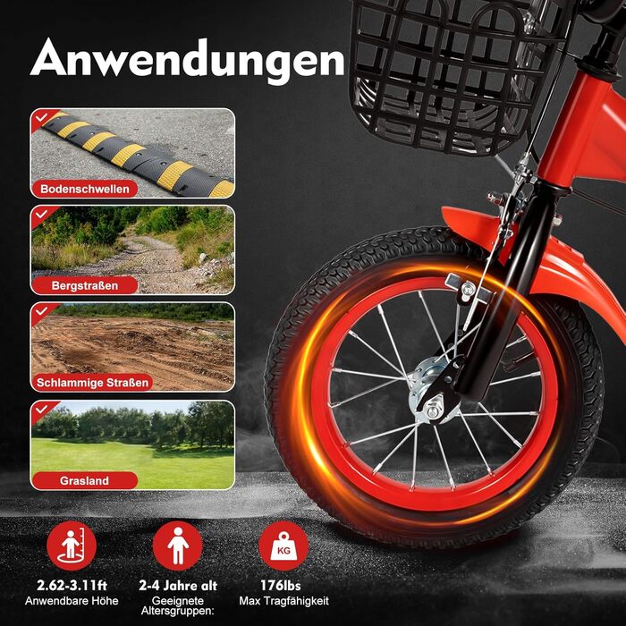 Дитяче велосипед 12 дюймів з регульованою висотою сидіння, додатковими колесами та кошиком, для хлопчиків та дівчаток 2-5 років (Червоний)