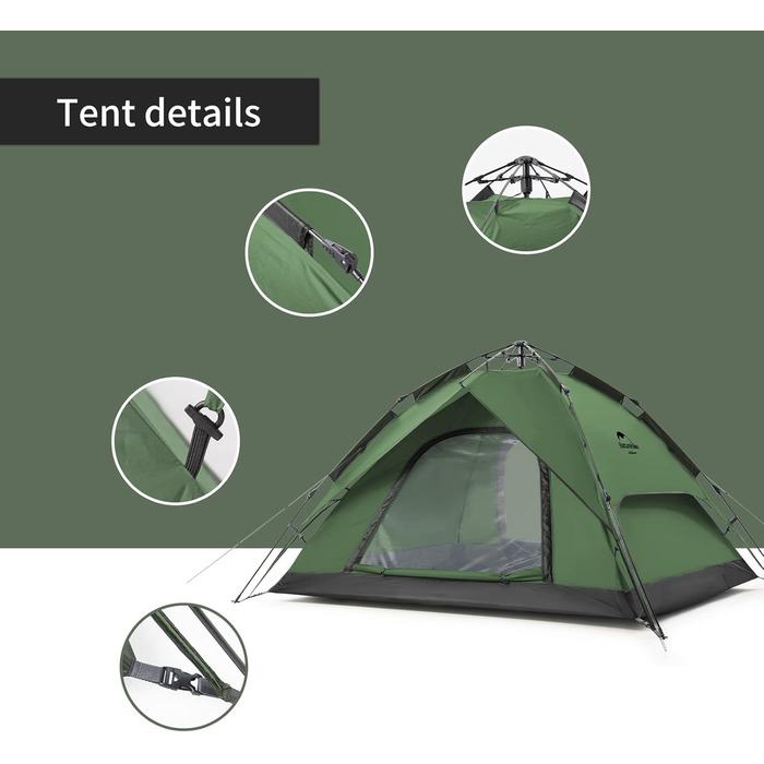 Намет Naturehike Pop Up для кемпінгу 3-4 особи, автоматичний намет-купол, сімейний намет з сумкою, колір хакі