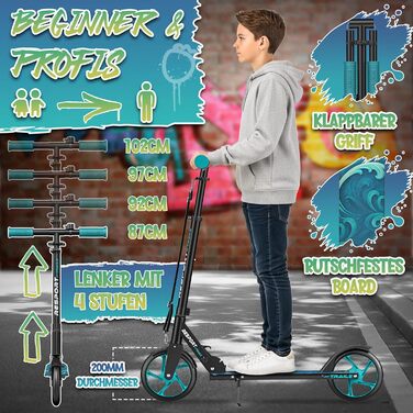 Дитячий та дорослий трюковий самокат Cityroller з дзвінком та ременем | Регульована висота, складаний, до 100 кг | Великі колеса, Kickscooter, турквіс