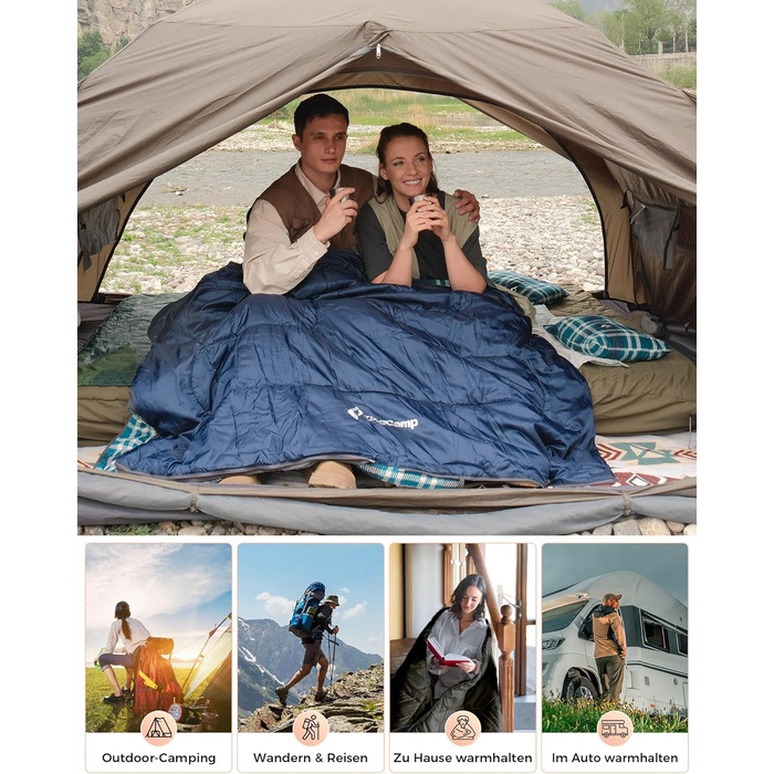 Спальний мішок KingCamp для 2 осіб з фланелі, зимовий, теплий, 3-4 сезони, з 2 подушками, для кемпінгу та відпочинку на природі, синій