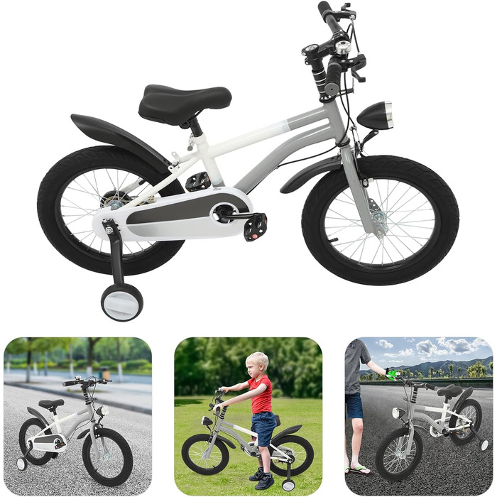 Дитячий велосипед 16 дюймів для хлопчиків та дівчаток, сталевий, 5-8 років, з додатковими колесами та регулюванням висоти (сірий+LED-ліхтар)