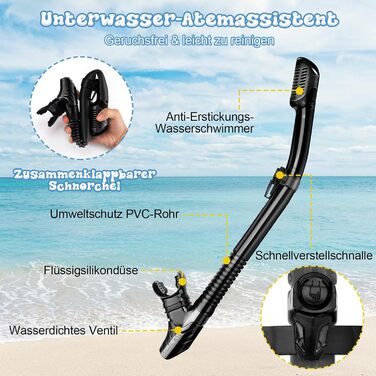 Набір для снорклінгу для дорослих: маска, трубка та ласти. Суха трубка, антизапітніюча маска з загартованого скла. Для плавання, снорклінгу та дайвінгу. Чорний колір